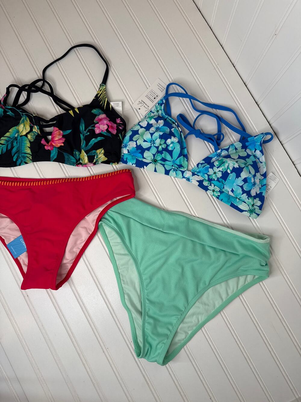 NWT Cupshe Two Peace Swimsuit Bikini Floral Triangle Strappy & Hi Rise BUNDLE M